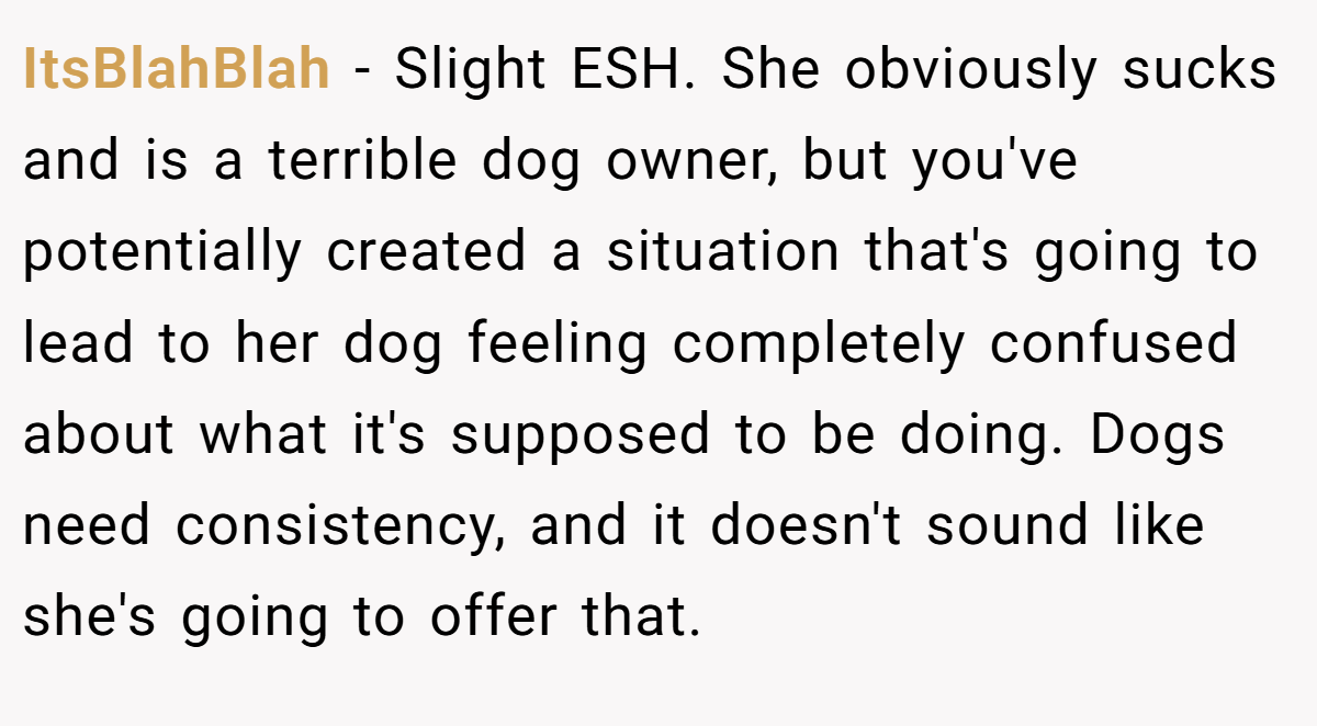 ItsBlahBlah − Slight ESH. She obviously sucks and is a terrible dog owner, but you've potentially created a situation that's going to lead to her dog feeling completely confused about what it's supposed to be doing. Dogs need consistency, and it doesn't sound like she's going to offer that.