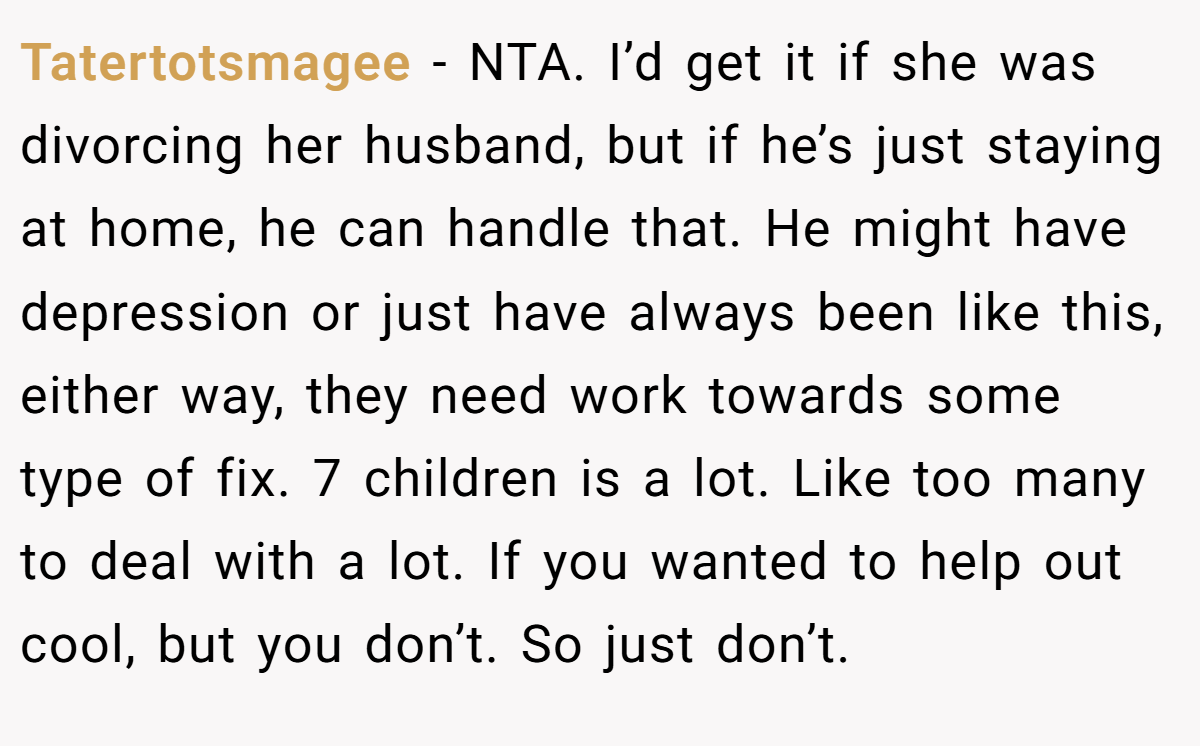 Tatertotsmagee - NTA. I’d get it if she was divorcing her husband, but if he’s just staying at home, he can handle that. He might have depression or just have always been like this, either way, they need work towards some type of fix. 7 children is a lot. Like too many to deal with a lot. If you wanted to help out cool, but you don’t. So just don’t.