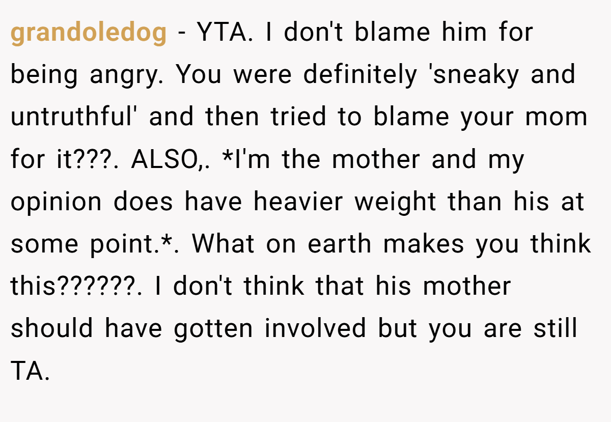 grandoledog - YTA. I don't blame him for being angry. You were definitely 'sneaky and untruthful' and then tried to blame your mom for it???. ALSO,. *I'm the mother and my opinion does have heavier weight than his at some point.*. What on earth makes you think this??????. I don't think that his mother should have gotten involved but you are still TA.