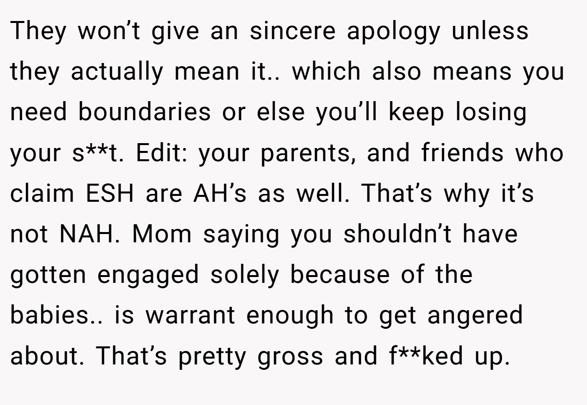 They won’t give an sincere apology unless they actually mean it.. which also means you need boundaries or else you’ll keep losing your s**t. Edit: your parents, and friends who claim ESH are AH’s as well. That’s why it’s not NAH. Mom saying you shouldn’t have gotten engaged solely because of the babies.. is warrant enough to get angered about. That’s pretty gross and f**ked up.