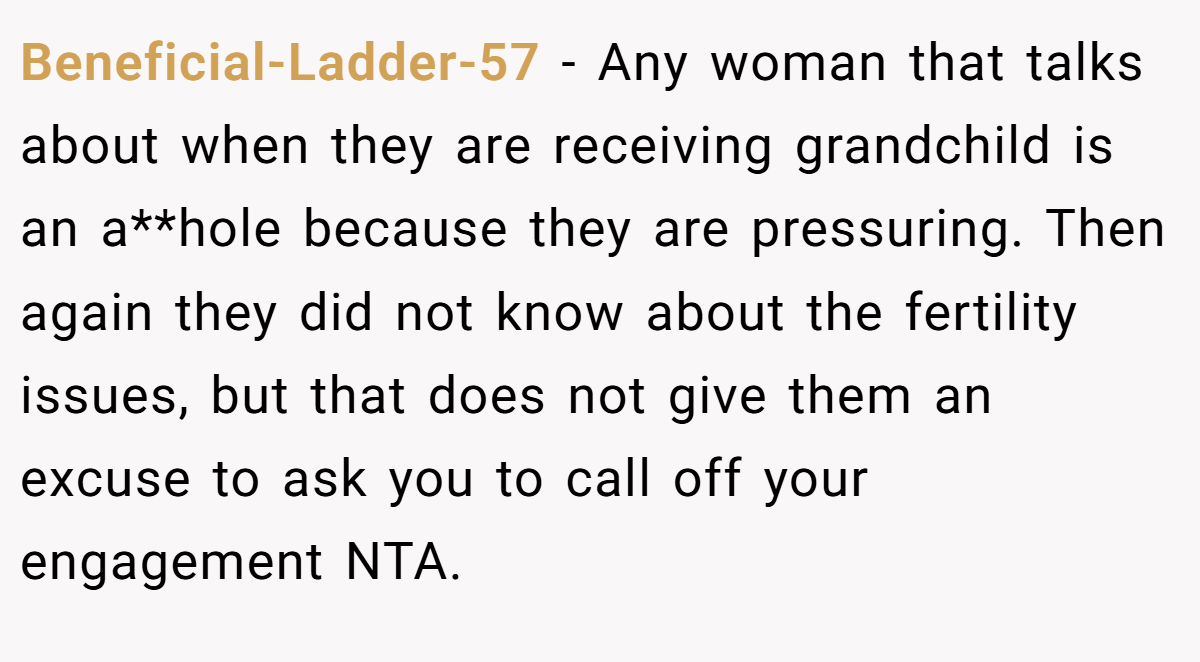 Beneficial-Ladder-57 − Any woman that talks about when they are receiving grandchild is an a**hole because they are pressuring. Then again they did not know about the fertility issues, but that does not give them an excuse to ask you to call off your engagement NTA.