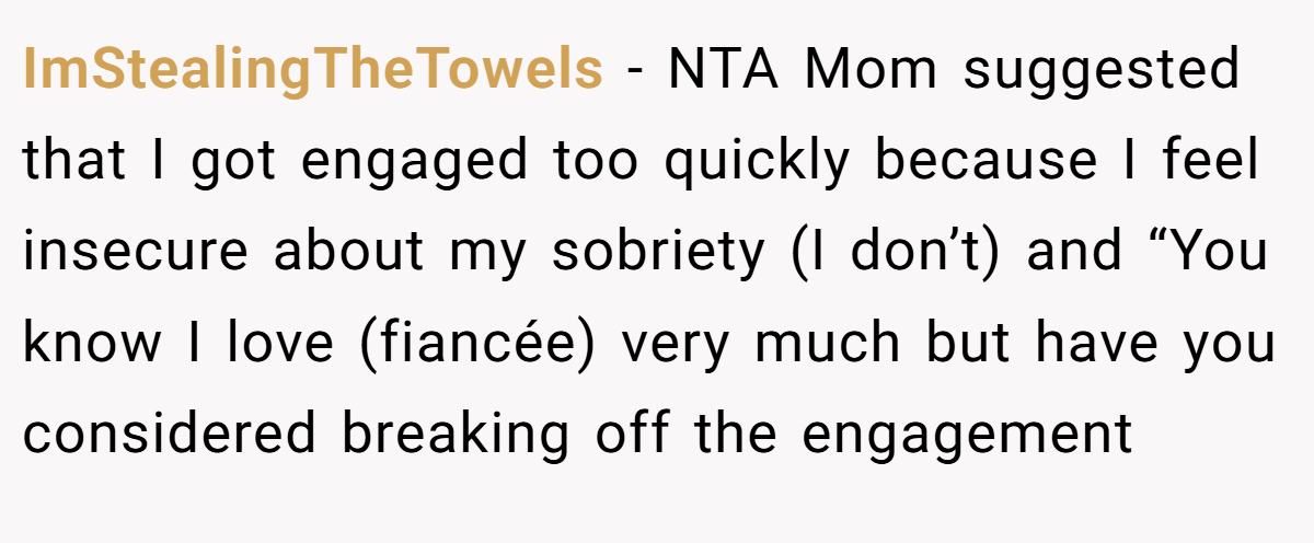 ImStealingTheTowels − NTA Mom suggested that I got engaged too quickly because I feel insecure about my sobriety (I don’t) and “You know I love (fiancée) very much but have you considered breaking off the engagement