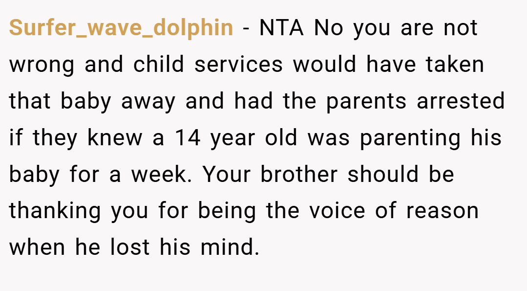 Surfer_wave_dolphin − NTA No you are not wrong and child services would have taken that baby away and had the parents arrested if they knew a 14 year old was parenting his baby for a week. Your brother should be thanking you for being the voice of reason when he lost his mind.