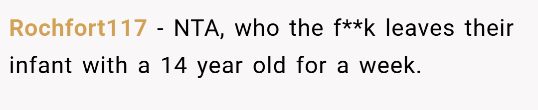 Rochfort117 − NTA, who the f**k leaves their infant with a 14 year old for a week.