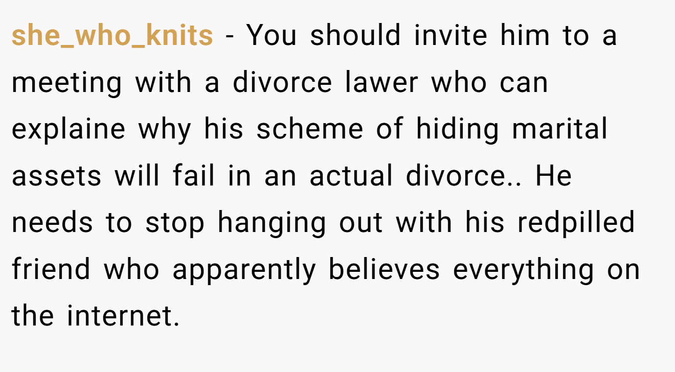 she_who_knits - You should invite him to a meeting with a divorce lawer who can explaine why his scheme of hiding marital assets will fail in an actual divorce.. He needs to stop hanging out with his redpilled friend who apparently believes everything on the internet. 