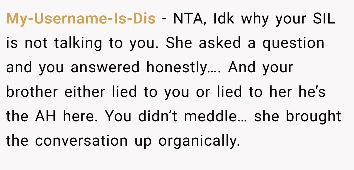 My-Username-Is-Dis − NTA, Idk why your SIL is not talking to you. She asked a question and you answered honestly…. And your brother either lied to you or lied to her he’s the AH here. You didn’t meddle… she brought the conversation up organically.