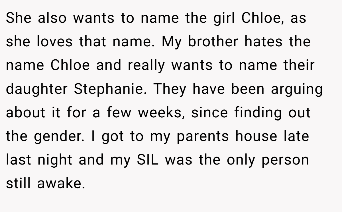 She also wants to name the girl Chloe, as she loves that name. My brother hates the name Chloe and really wants to name their daughter Stephanie. They have been arguing about it for a few weeks, since finding out the gender. I got to my parents house late last night and my SIL was the only person still awake.