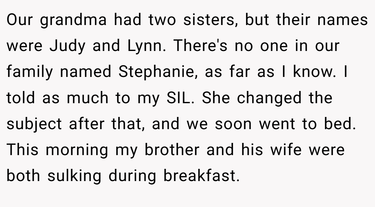 Our grandma had two sisters, but their names were Judy and Lynn. There's no one in our family named Stephanie, as far as I know. I told as much to my SIL. She changed the subject after that, and we soon went to bed. This morning my brother and his wife were both sulking during breakfast.