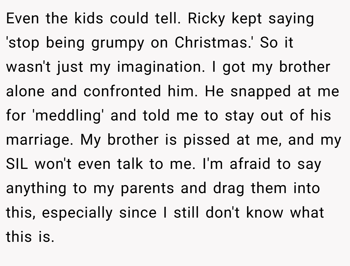 Even the kids could tell. Ricky kept saying 'stop being grumpy on Christmas.' So it wasn't just my imagination. I got my brother alone and confronted him. He snapped at me for 'meddling' and told me to stay out of his marriage. My brother is pissed at me, and my SIL won't even talk to me. I'm afraid to say anything to my parents and drag them into this, especially since I still don't know what this is.