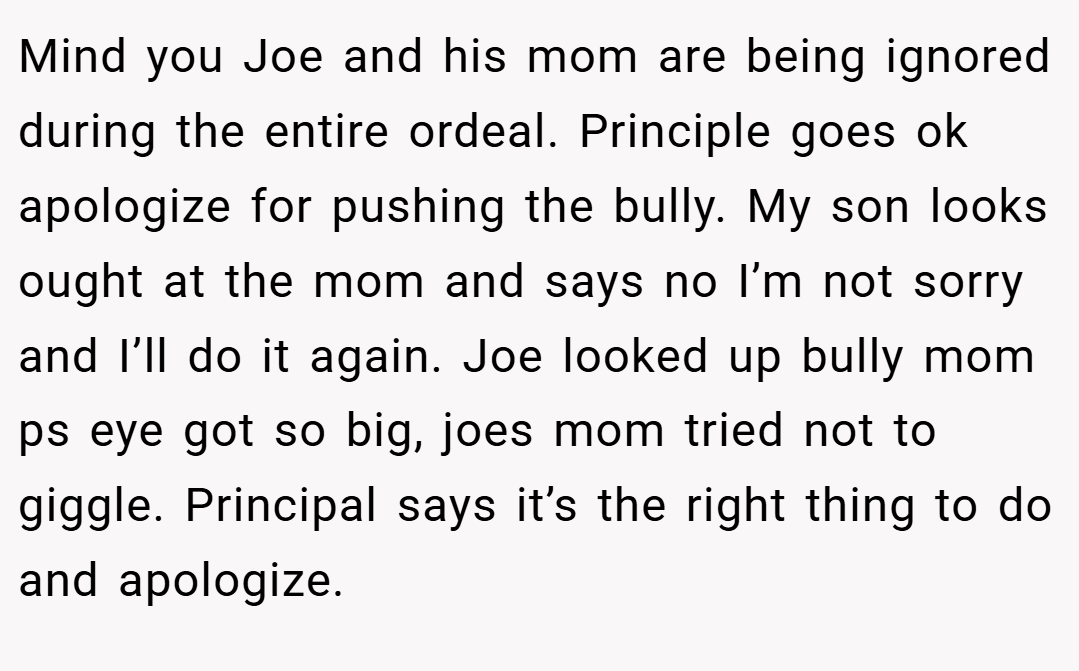 Mind you Joe and his mom are being ignored during the entire ordeal. Principle goes ok apologize for pushing the bully. My son looks ought at the mom and says no I’m not sorry and I’ll do it again. Joe looked up bully mom ps eye got so big, joes mom tried not to giggle. Principal says it’s the right thing to do and apologize.