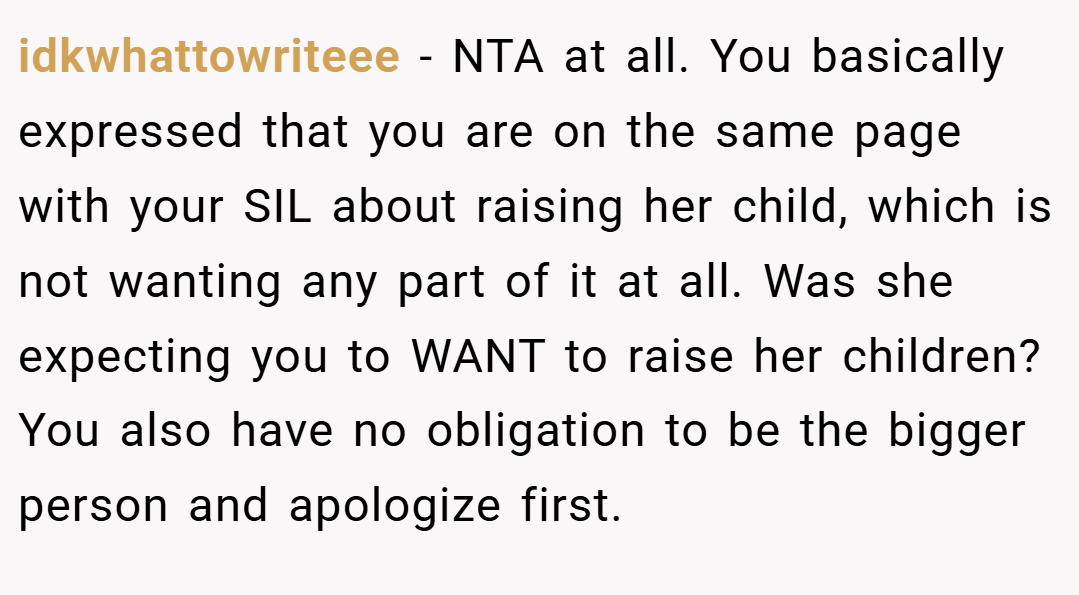 idkwhattowriteee − NTA at all. You basically expressed that you are on the same page with your SIL about raising her child, which is not wanting any part of it at all. Was she expecting you to WANT to raise her children? You also have no obligation to be the bigger person and apologize first.