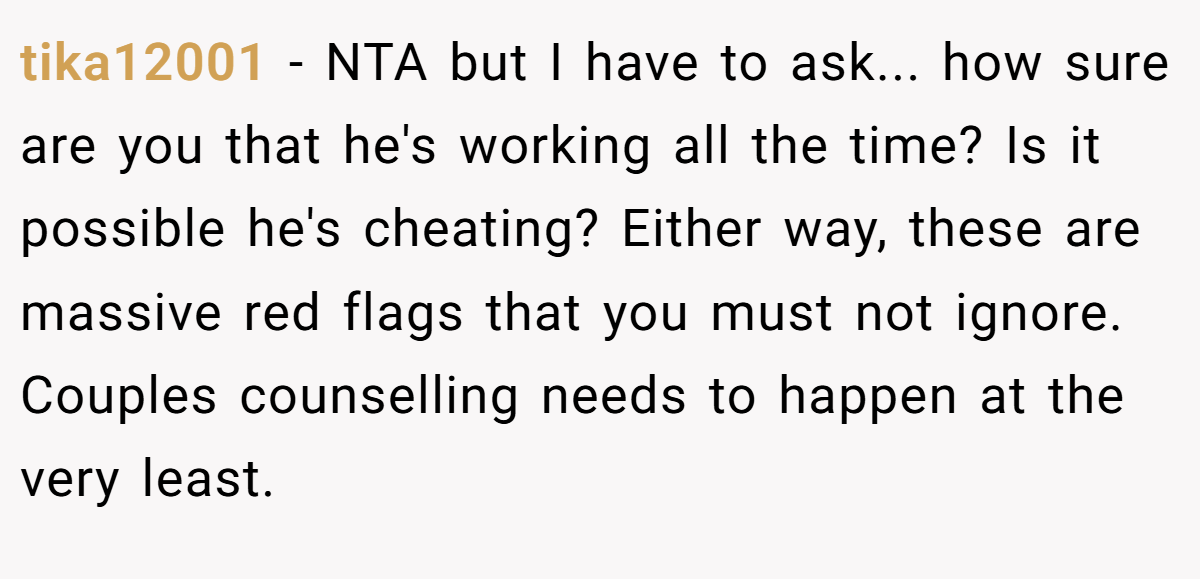 tika12001 - NTA but I have to ask... how sure are you that he's working all the time? Is it possible he's cheating? Either way, these are massive red flags that you must not ignore. Couples counselling needs to happen at the very least.