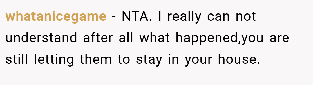 whatanicegame − NTA. I really can not understand after all what happened,you are still letting them to stay in your house.