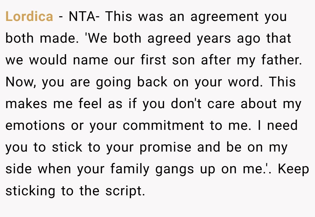 Lordica − NTA- This was an agreement you both made. 'We both agreed years ago that we would name our first son after my father. Now, you are going back on your word. This makes me feel as if you don't care about my emotions or your commitment to me. I need you to stick to your promise and be on my side when your family gangs up on me.'. Keep sticking to the script.