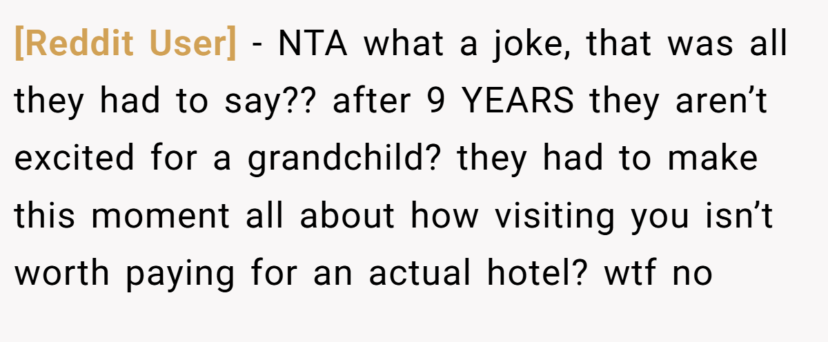 [Reddit User] − NTA what a joke, that was all they had to say?? after 9 YEARS they aren’t excited for a grandchild? they had to make this moment all about how visiting you isn’t worth paying for an actual hotel? wtf no