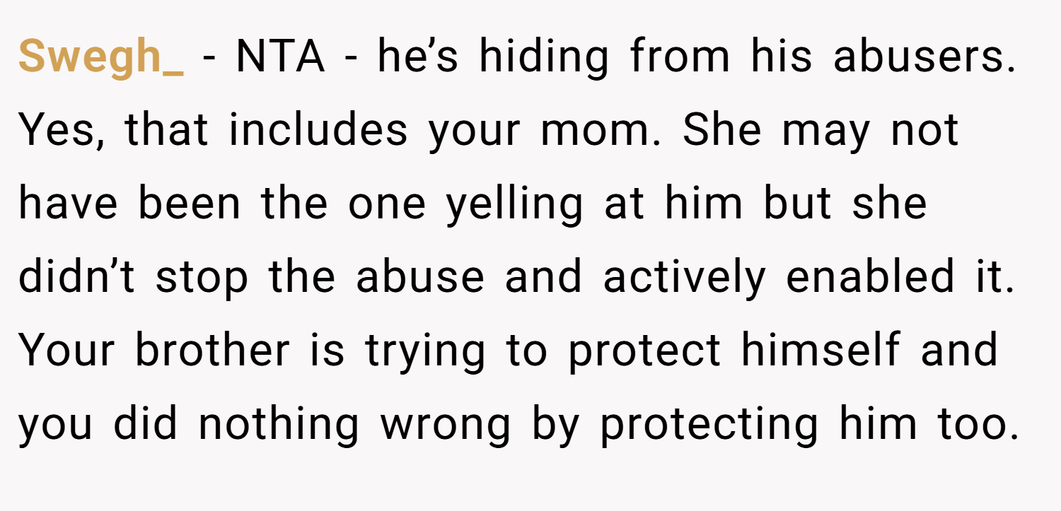 Swegh_ − NTA - he’s hiding from his abusers. Yes, that includes your mom. She may not have been the one yelling at him but she didn’t stop the abuse and actively enabled it. Your brother is trying to protect himself and you did nothing wrong by protecting him too.