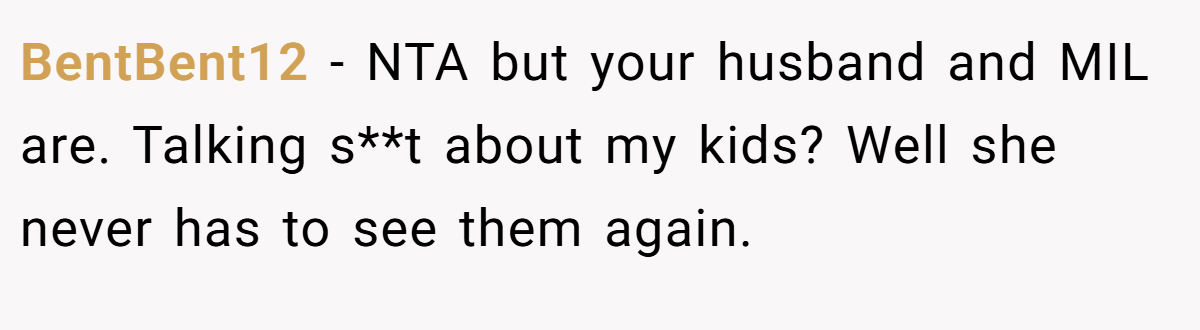 BentBent12 − NTA but your husband and MIL are. Talking s**t about my kids? Well she never has to see them again.