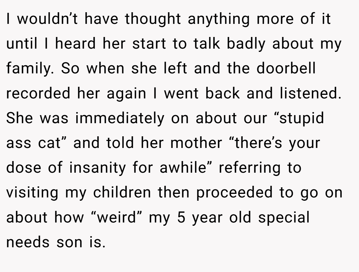 I wouldn’t have thought anything more of it until I heard her start to talk badly about my family. So when she left and the doorbell recorded her again I went back and listened. She was immediately on about our “stupid ass cat” and told her mother “there’s your dose of insanity for awhile” referring to visiting my children then proceeded to go on about how “weird” my 5 year old special needs son is.