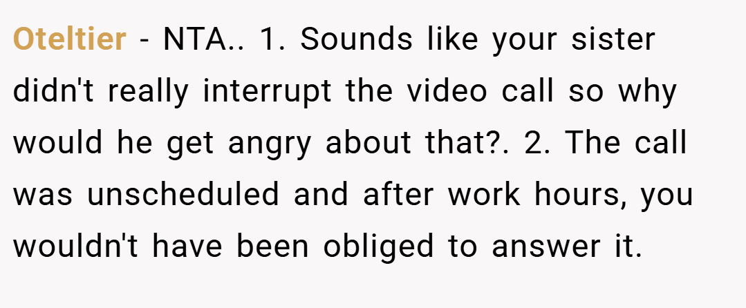 Oteltier − NTA.. 1. Sounds like your sister didn't really interrupt the video call so why would he get angry about that?. 2. The call was unscheduled and after work hours, you wouldn't have been obliged to answer it.