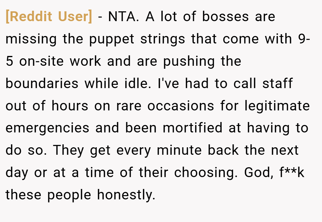 [Reddit User] − NTA. A lot of bosses are missing the puppet strings that come with 9-5 on-site work and are pushing the boundaries while idle. I've had to call staff out of hours on rare occasions for legitimate emergencies and been mortified at having to do so. They get every minute back the next day or at a time of their choosing. God, f**k these people honestly.