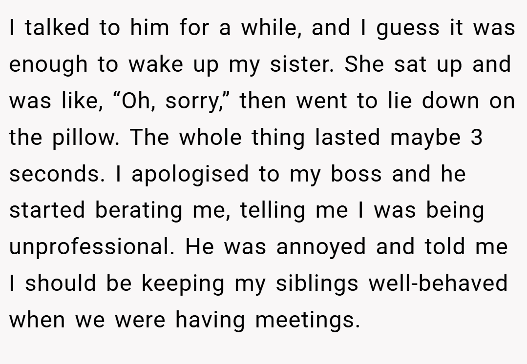 I talked to him for a while, and I guess it was enough to wake up my sister. She sat up and was like, “Oh, sorry,” then went to lie down on the pillow. The whole thing lasted maybe 3 seconds. I apologised to my boss and he started berating me, telling me I was being unprofessional. He was annoyed and told me I should be keeping my siblings well-behaved when we were having meetings.