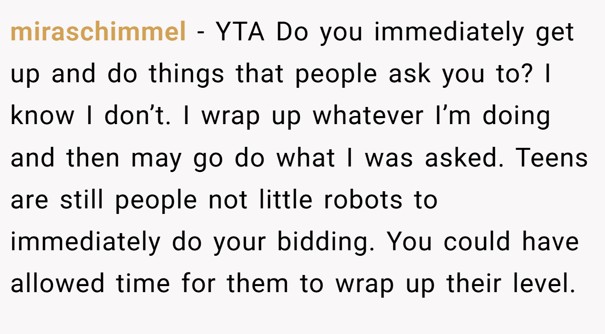 miraschimmel − YTA Do you immediately get up and do things that people ask you to? I know I don’t. I wrap up whatever I’m doing and then may go do what I was asked. Teens are still people not little robots to immediately do your bidding. You could have allowed time for them to wrap up their level.