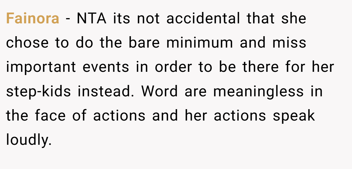 Fainora − NTA its not accidental that she chose to do the bare minimum and miss important events in order to be there for her step-kids instead. Word are meaningless in the face of actions and her actions speak loudly.