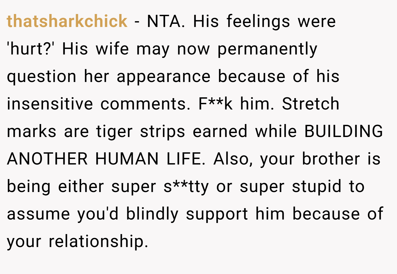 thatsharkchick − NTA. His feelings were 'hurt?' His wife may now permanently question her appearance because of his insensitive comments. F**k him. Stretch marks are tiger strips earned while BUILDING ANOTHER HUMAN LIFE. Also, your brother is being either super s**tty or super stupid to assume you'd blindly support him because of your relationship.