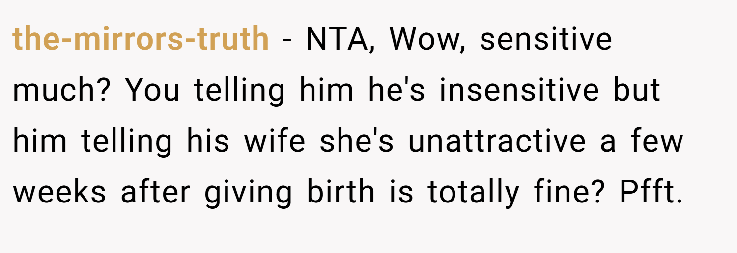 the-mirrors-truth − NTA, Wow, sensitive much? You telling him he's insensitive but him telling his wife she's unattractive a few weeks after giving birth is totally fine? Pfft.