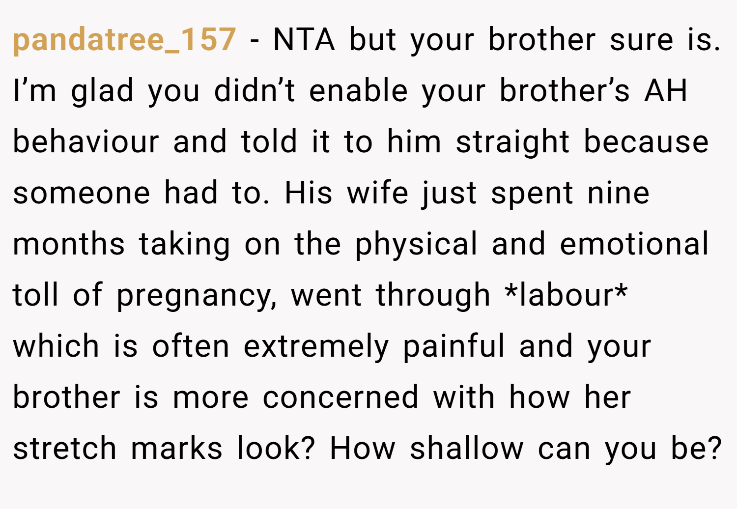 pandatree_157 − NTA but your brother sure is. I’m glad you didn’t enable your brother’s AH behaviour and told it to him straight because someone had to. His wife just spent nine months taking on the physical and emotional toll of pregnancy, went through *labour* which is often extremely painful and your brother is more concerned with how her stretch marks look? How shallow can you be?