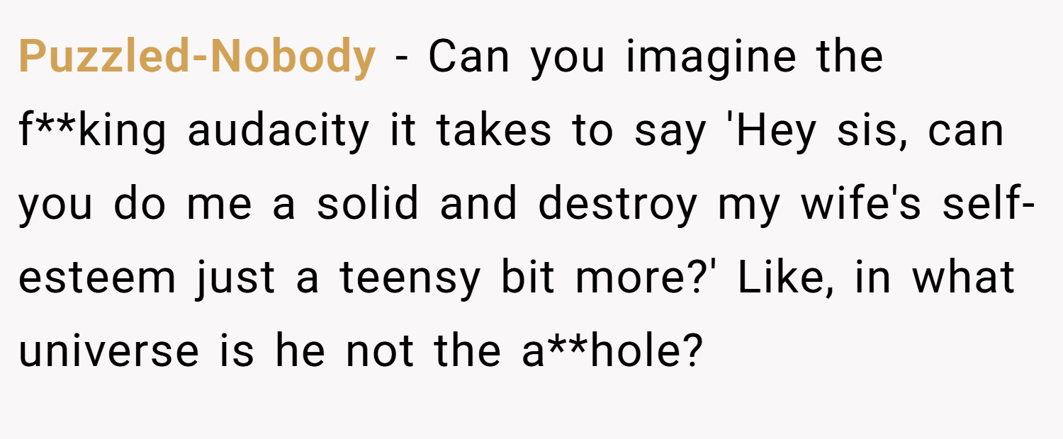 Puzzled-Nobody − Can you imagine the f**king audacity it takes to say 'Hey sis, can you do me a solid and destroy my wife's self-esteem just a teensy bit more?' Like, in what universe is he not the a**hole?