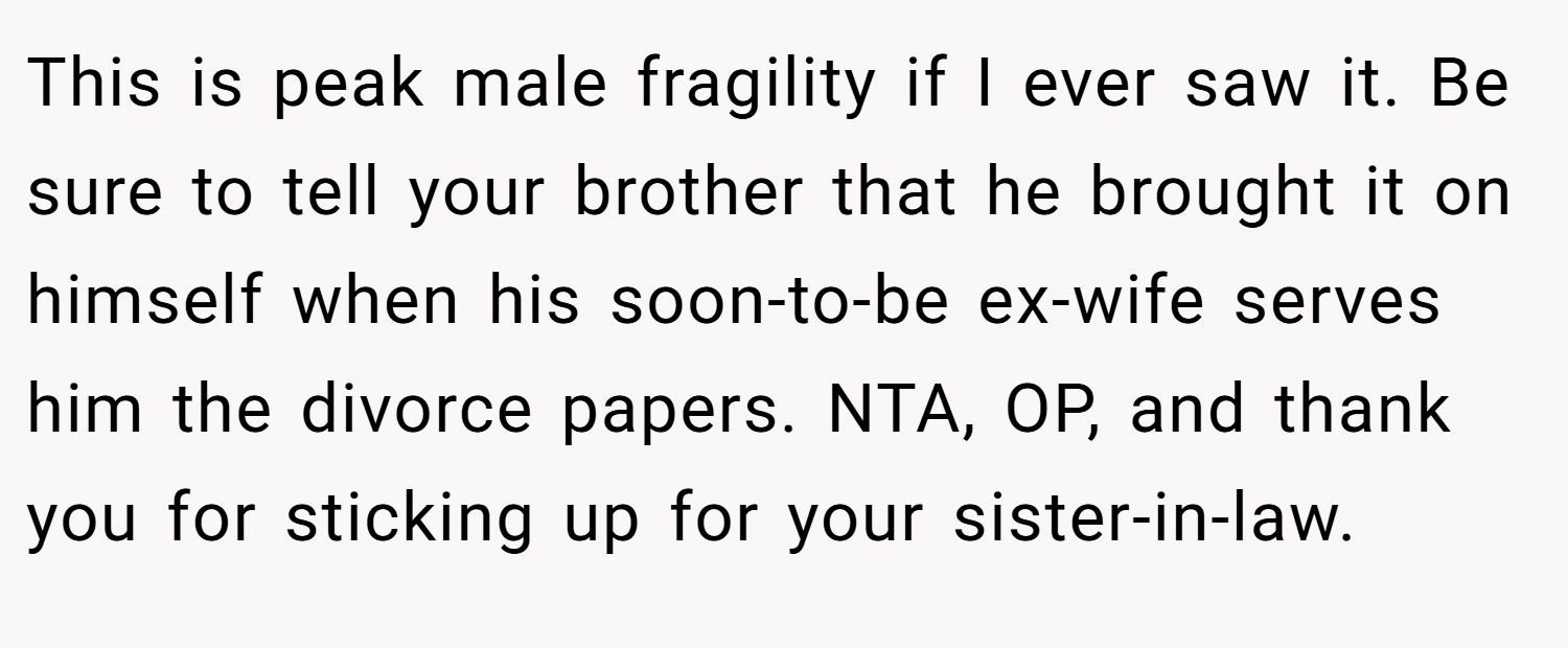 This is peak male fragility if I ever saw it. Be sure to tell your brother that he brought it on himself when his soon-to-be ex-wife serves him the divorce papers. NTA, OP, and thank you for sticking up for your sister-in-law.