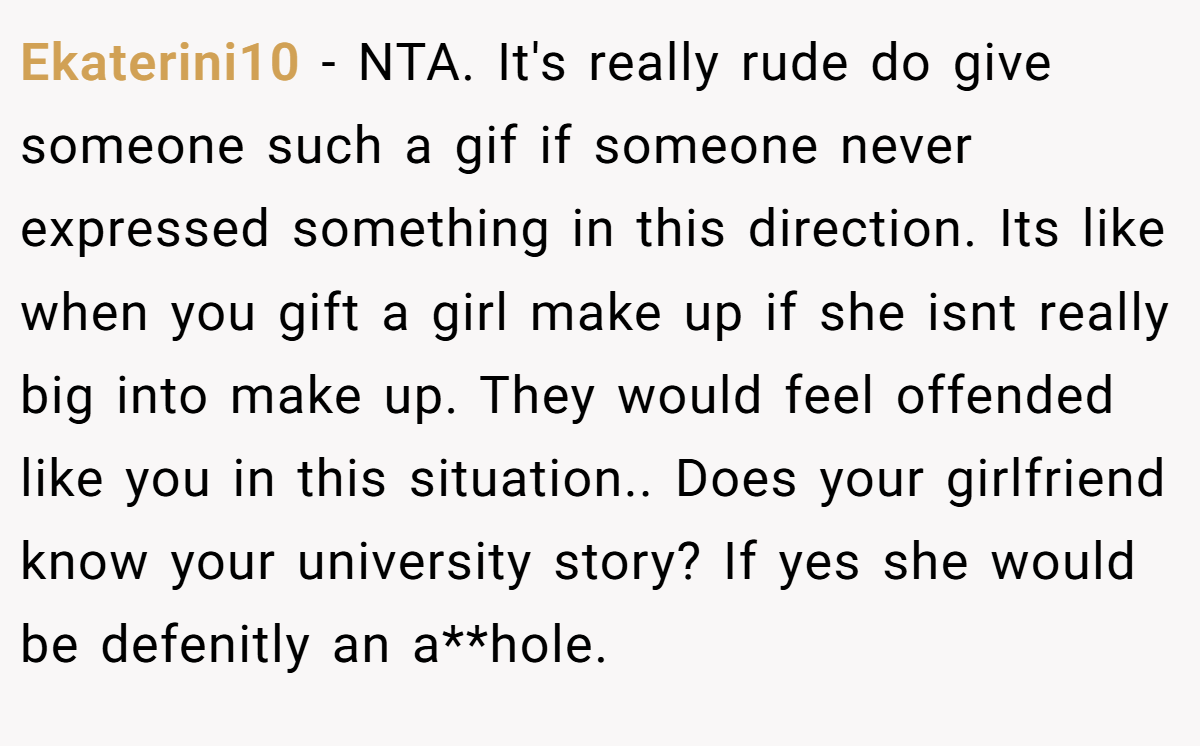 Ekaterini10 − NTA. It's really rude do give someone such a gif if someone never expressed something in this direction. Its like when you gift a girl make up if she isnt really big into make up. They would feel offended like you in this situation.. Does your girlfriend know your university story? If yes she would be defenitly an a**hole.