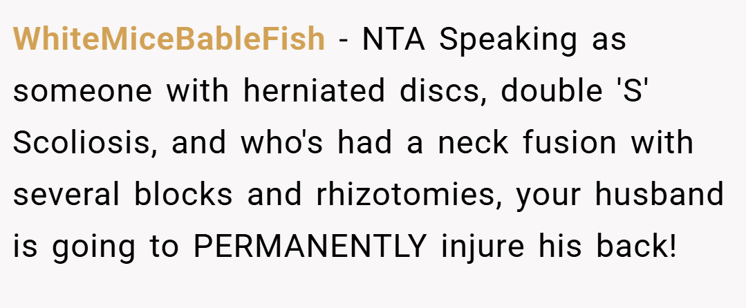 WhiteMiceBableFish − NTA Speaking as someone with herniated discs, double 'S' Scoliosis, and who's had a neck fusion with several blocks and rhizotomies, your husband is going to PERMANENTLY injure his back!