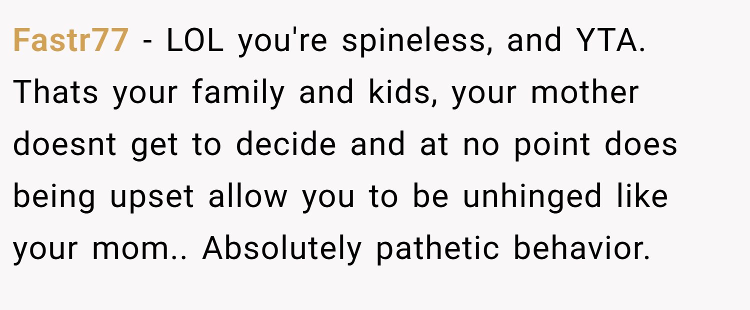 Fastr77 − LOL you're spineless, and YTA. Thats your family and kids, your mother doesnt get to decide and at no point does being upset allow you to be unhinged like your mom.. Absolutely pathetic behavior.