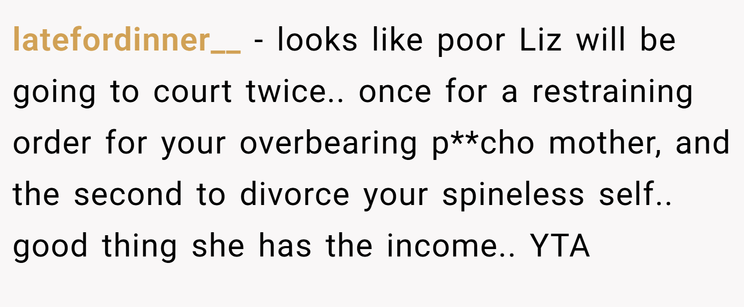 latefordinner__ − looks like poor Liz will be going to court twice.. once for a restraining order for your overbearing p**cho mother, and the second to divorce your spineless self.. good thing she has the income.. YTA