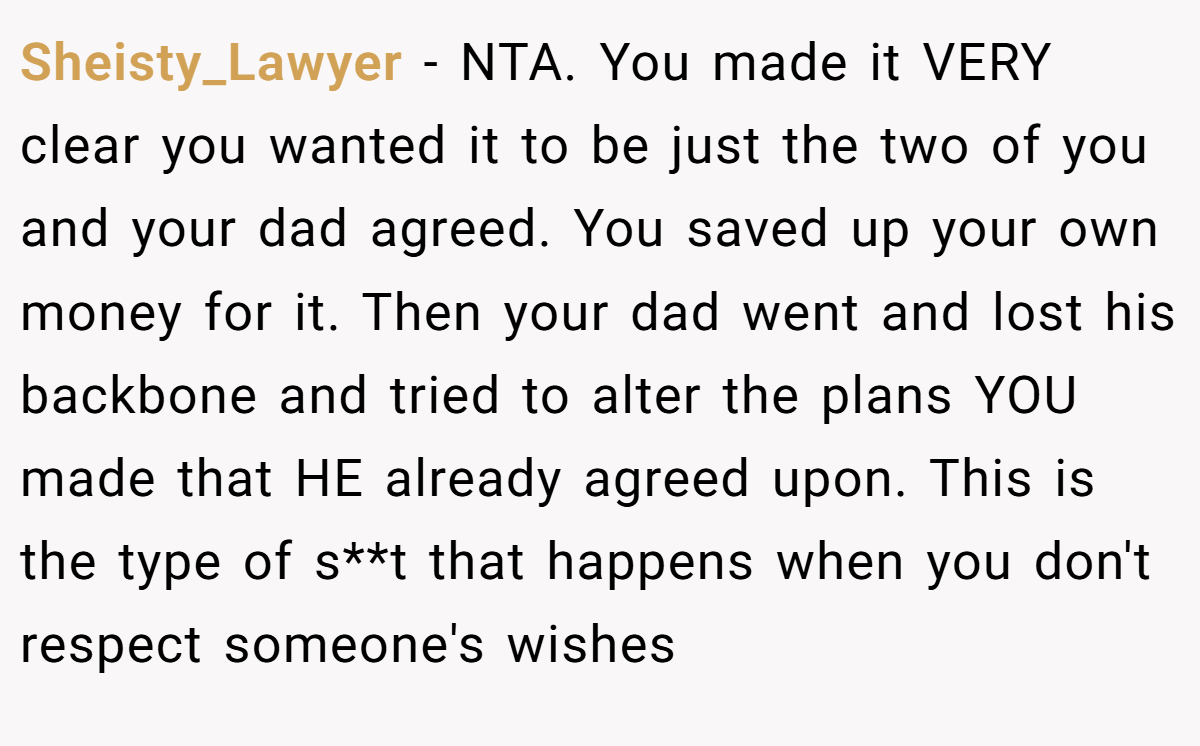 Sheisty_Lawyer − NTA. You made it VERY clear you wanted it to be just the two of you and your dad agreed. You saved up your own money for it. Then your dad went and lost his backbone and tried to alter the plans YOU made that HE already agreed upon. This is the type of s**t that happens when you don't respect someone's wishes