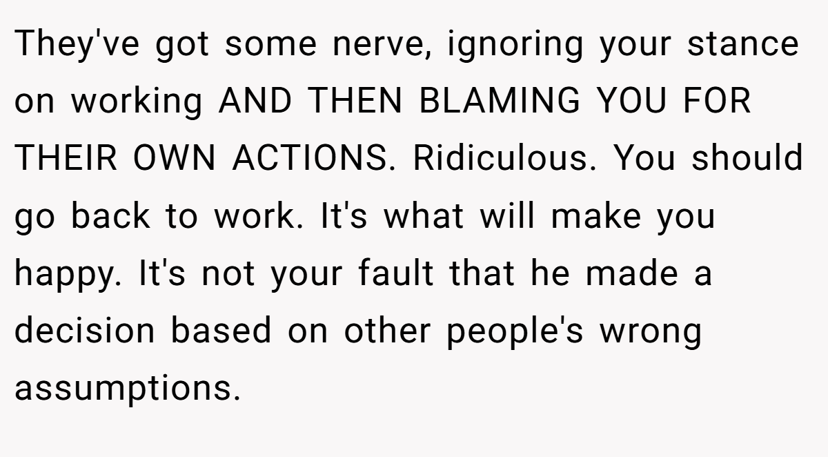 They've got some nerve, ignoring your stance on working AND THEN BLAMING YOU FOR THEIR OWN ACTIONS. Ridiculous. You should go back to work. It's what will make you happy. It's not your fault that he made a decision based on other people's wrong assumptions.
