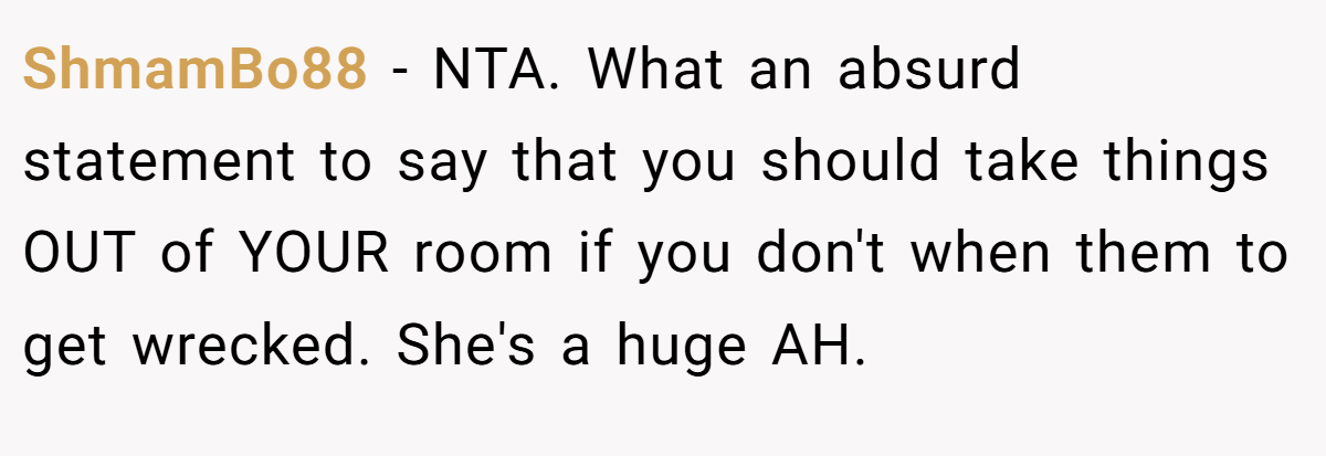 ShmamBo88 − NTA. What an absurd statement to say that you should take things OUT of YOUR room if you don't when them to get wrecked. She's a huge AH.