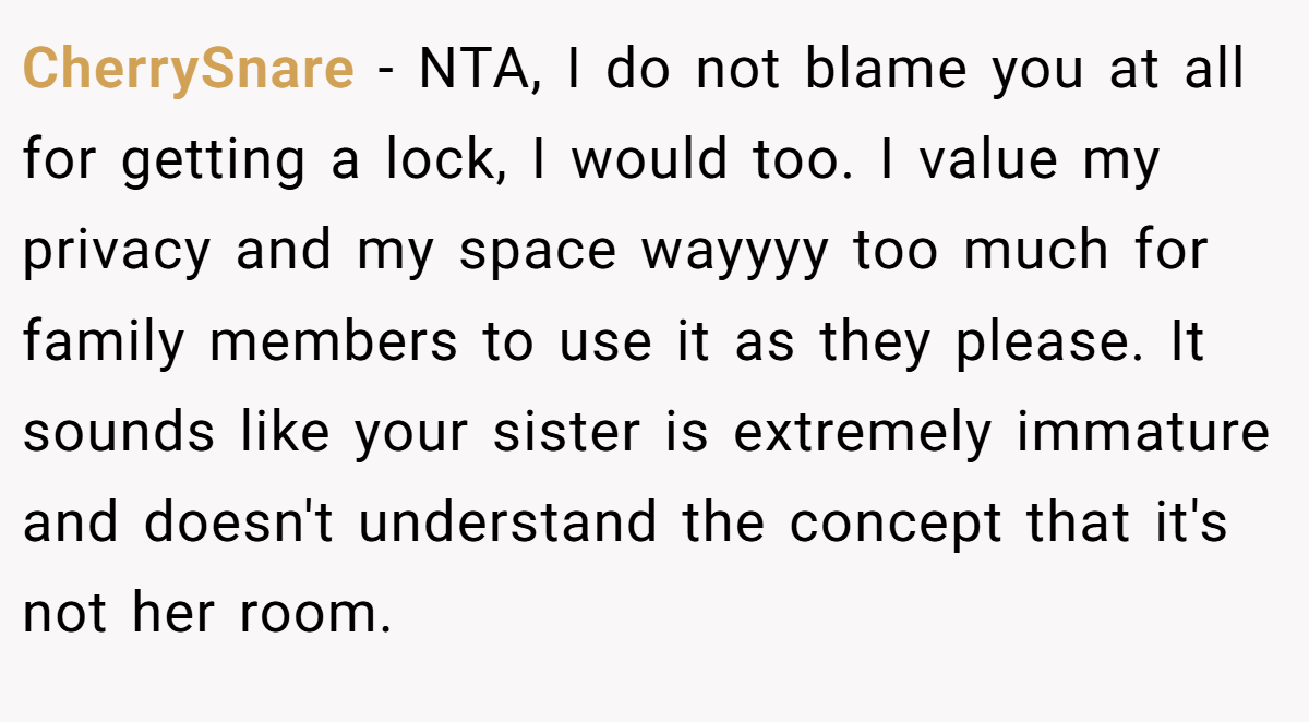 CherrySnare − NTA, I do not blame you at all for getting a lock, I would too. I value my privacy and my space wayyyy too much for family members to use it as they please. It sounds like your sister is extremely immature and doesn't understand the concept that it's not her room.