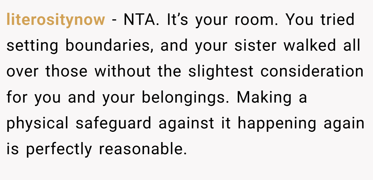 literositynow − NTA. It’s your room. You tried setting boundaries, and your sister walked all over those without the slightest consideration for you and your belongings. Making a physical safeguard against it happening again is perfectly reasonable.