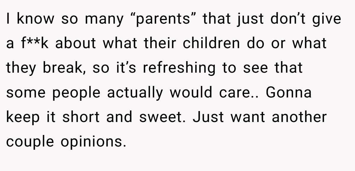 I know so many “parents” that just don’t give a f**k about what their children do or what they break, so it’s refreshing to see that some people actually would care.. Gonna keep it short and sweet. Just want another couple opinions.