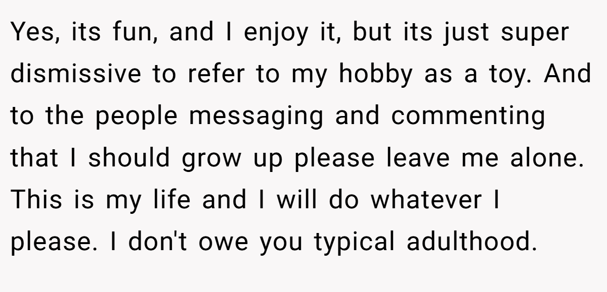 Yes, its fun, and I enjoy it, but its just super dismissive to refer to my hobby as a toy. And to the people messaging and commenting that I should grow up please leave me alone. This is my life and I will do whatever I please. I don't owe you typical adulthood.