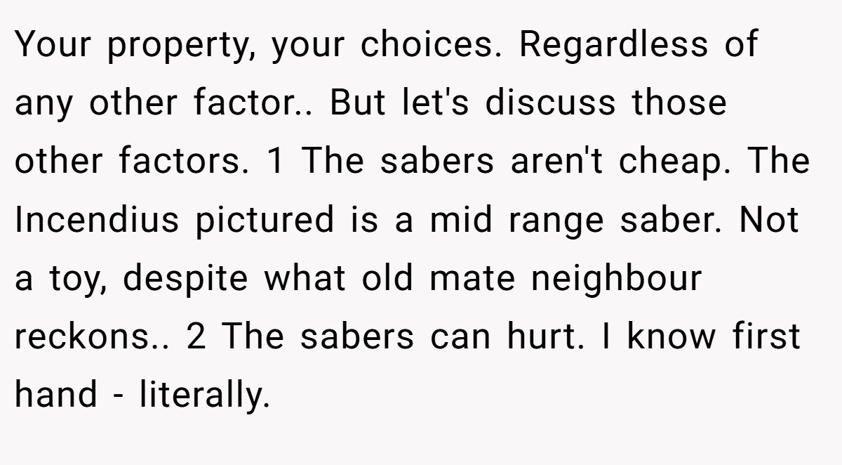 Your property, your choices. Regardless of any other factor.. But let's discuss those other factors. 1 The sabers aren't cheap. The Incendius pictured is a mid range saber. Not a toy, despite what old mate neighbour reckons.. 2 The sabers can hurt. I know first hand - literally.
