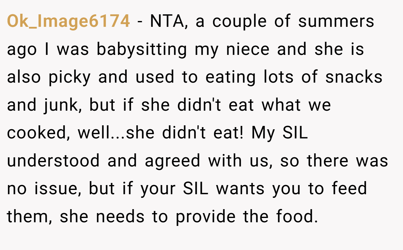 Ok_Image6174 - NTA, a couple of summers ago I was babysitting my niece and she is also picky and used to eating lots of snacks and junk, but if she didn't eat what we cooked, well...she didn't eat! My SIL understood and agreed with us, so there was no issue, but if your SIL wants you to feed them, she needs to provide the food.