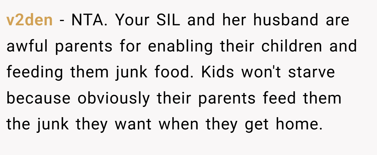 v2den - NTA. Your SIL and her husband are awful parents for enabling their children and feeding them junk food. Kids won't starve because obviously their parents feed them the junk they want when they get home.