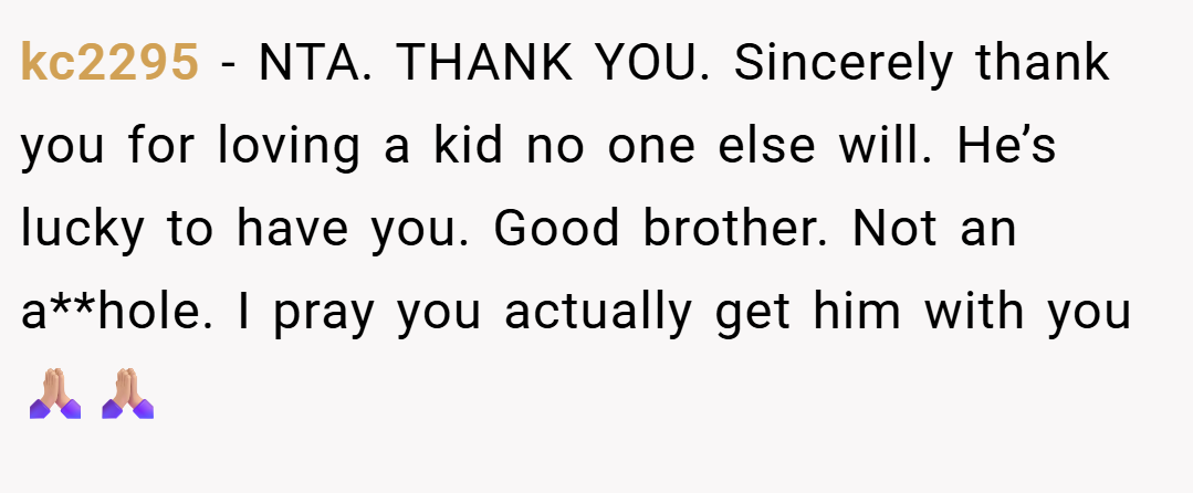kc2295 − NTA. THANK YOU. Sincerely thank you for loving a kid no one else will. He’s lucky to have you. Good brother. Not an a**hole. I pray you actually get him with you 🙏🏼🙏🏼
