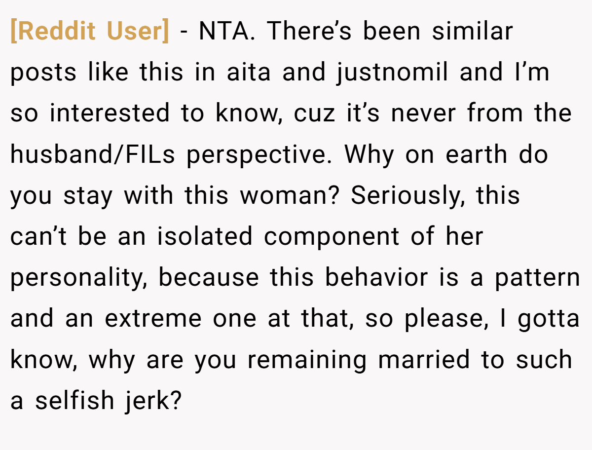 [Reddit User] - NTA. There’s been similar posts like this in aita and justnomil and I’m so interested to know, cuz it’s never from the husband/FILs perspective. Why on earth do you stay with this woman? Seriously, this can’t be an isolated component of her personality, because this behavior is a pattern and an extreme one at that, so please, I gotta know, why are you remaining married to such a selfish jerk?