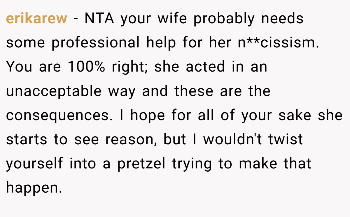 erikarew - NTA your wife probably needs some professional help for her n**cissism. You are 100% right; she acted in an unacceptable way and these are the consequences. I hope for all of your sake she starts to see reason, but I wouldn't twist yourself into a pretzel trying to make that happen.