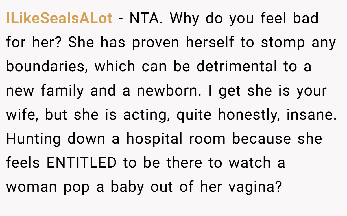 ILikeSealsALot - NTA. Why do you feel bad for her? She has proven herself to stomp any boundaries, which can be detrimental to a new family and a newborn. I get she is your wife, but she is acting, quite honestly, insane. Hunting down a hospital room because she feels ENTITLED to be there to watch a woman pop a baby out of her vagina?